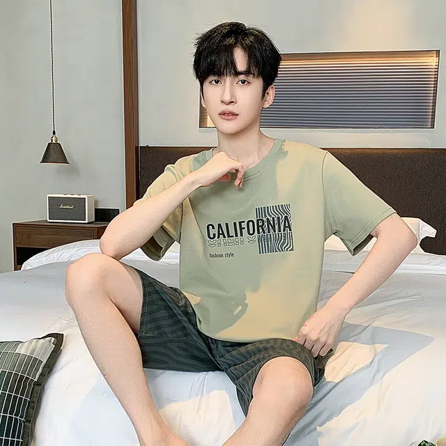 黛尔佳人 圆领短袖短裤抗菌宽松舒适简约时尚睡衣套装 男款