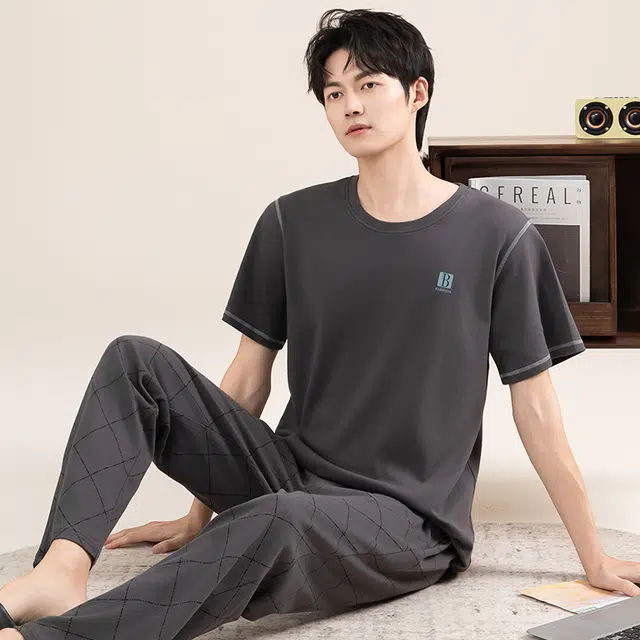 黛尔佳人 纯棉短袖长裤抗菌透气柔软亲肤纯色套头睡衣套装 男款