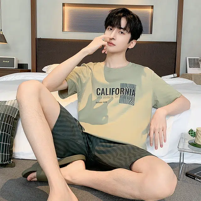 黛尔佳人 圆领短袖短裤抗菌宽松舒适简约时尚睡衣套装 男款