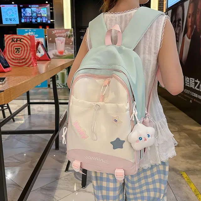 南潇湘 小清新休闲高颜值精美潮版韩版背包初高中生大学生上课百搭书包 尼龙 双肩包 男女同款情侣款 粉色/蓝色/红色/咖色