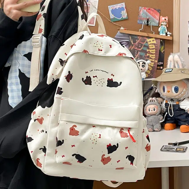 南潇湘 可爱小猫涂鸦卡通印花轻便百搭高颜值 尼龙布 双肩包 常规 女款 乳白色/粉红色/浅黄色/浅蓝色/浅绿色/黑色