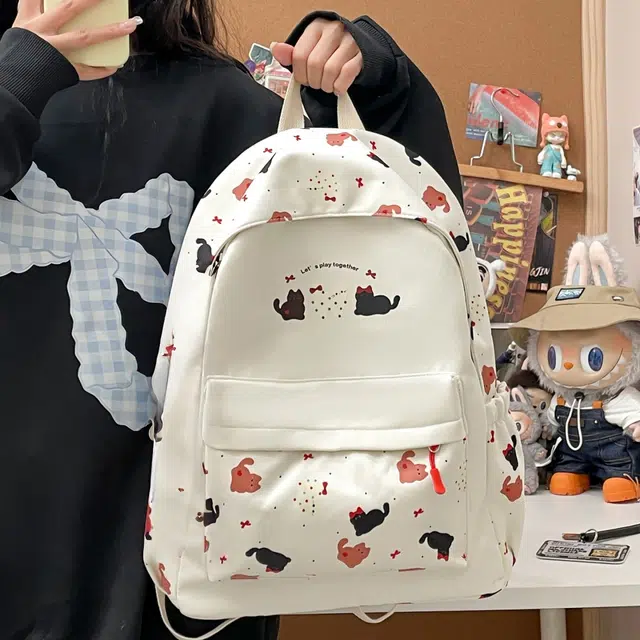 南潇湘 可爱小猫涂鸦卡通印花轻便百搭高颜值 尼龙布 双肩包 常规 女款 乳白色/粉红色/浅黄色/浅蓝色/浅绿色/黑色