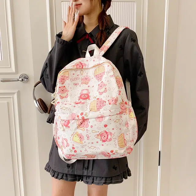南潇湘 小清新休闲高颜值精美潮版韩版背包初中生高中生大学生上课百搭书包 尼龙布 双肩包 女款 白色/粉色/浅黄色