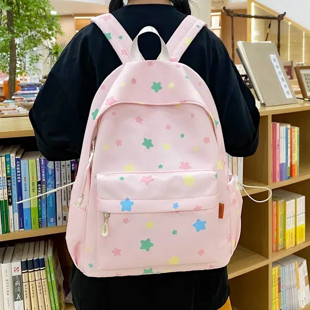 南潇湘 小清新简约可爱星星涂鸦高中大学时尚百搭潮流高级感高颜值小众设计 尼龙 双肩包 男女同款情侣款 粉色/白色/黑色/蓝色/黄色