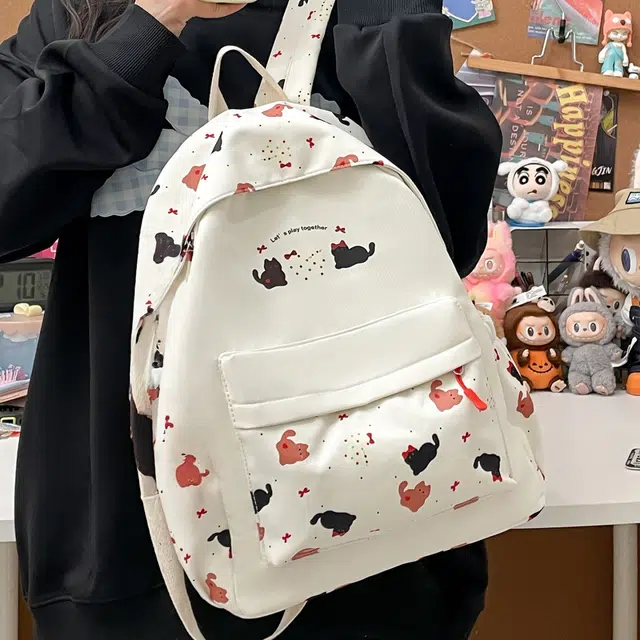 南潇湘 可爱小猫涂鸦卡通印花轻便百搭高颜值 尼龙布 双肩包 常规 女款 乳白色/粉红色/浅黄色/浅蓝色/浅绿色/黑色