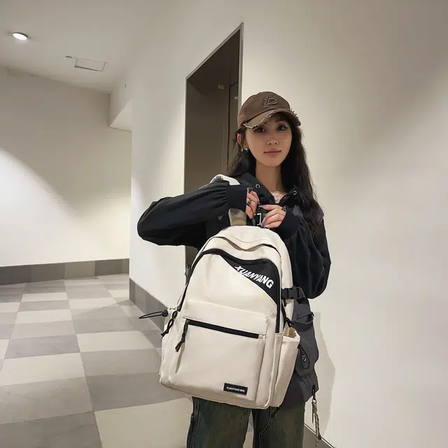 南潇湘 工装机能百搭个性运动街头大容量上课 尼龙 双肩包 男女同款情侣款 米白色/浅灰色/酒红色/黑色