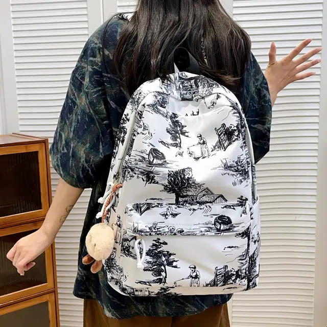 南潇湘 小清新休闲高颜值韩版背包初中生高中生大学生上课百搭书包 尼龙 双肩包 男女同款情侣款 白色/蓝色/黑色