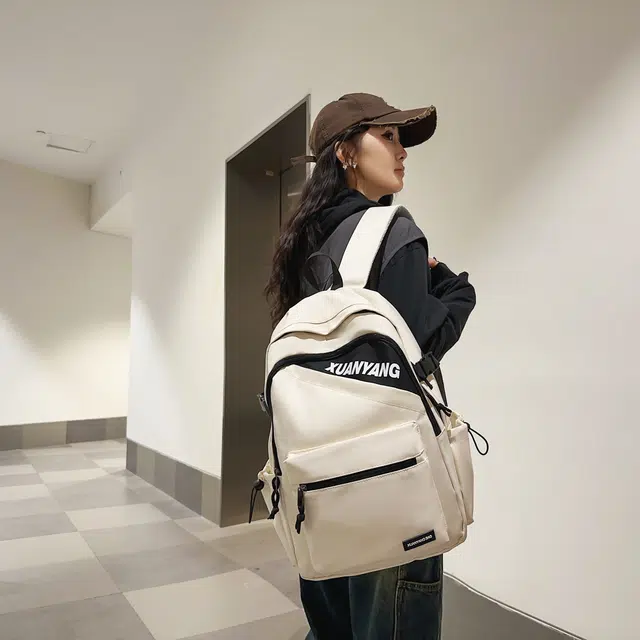 南潇湘 工装机能百搭个性运动街头大容量上课 尼龙 双肩包 男女同款情侣款 米白色/浅灰色/酒红色/黑色