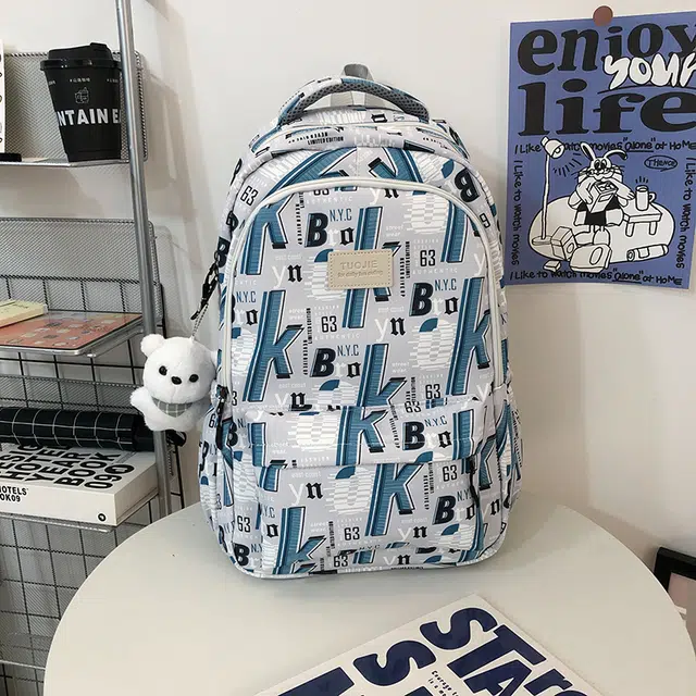南潇湘 字母印花轻便简约大容量运动耐磨背包初中生高中生大学生上课百搭书包 尼龙 双肩包 常规 男女同款情侣款 蓝色/绿色/黑色