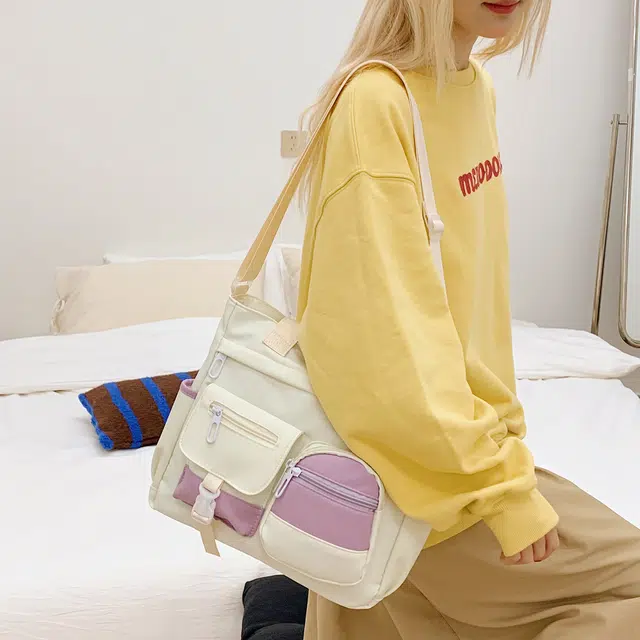 南潇湘 潮流轻便简约百搭多口袋收纳斜挎单肩包初高中大学生上课轻便多功能背包 尼龙布 手提包 常规 女款 白色/黑色/绿色/紫色