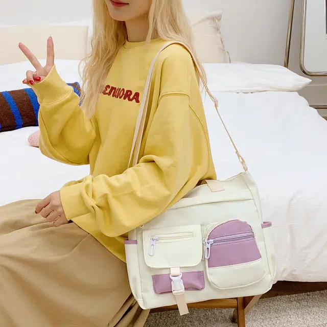 南潇湘 潮流轻便简约百搭多口袋收纳斜挎单肩包初高中大学生上课轻便多功能背包 尼龙布 手提包 常规 女款 白色/黑色/绿色/紫色