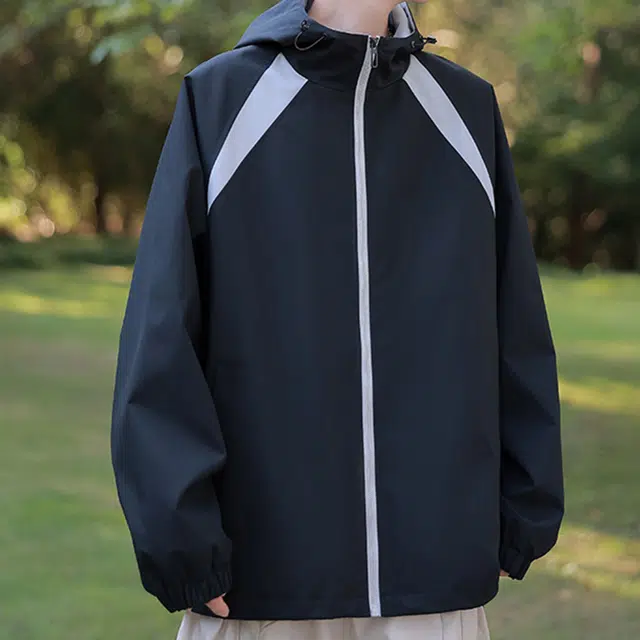 爆炸哥 户外露营徒步连帽三防冲锋外衣情侣款插肩袖条纹撞色拼接外套美式潮流工装通勤夹克 男女同款