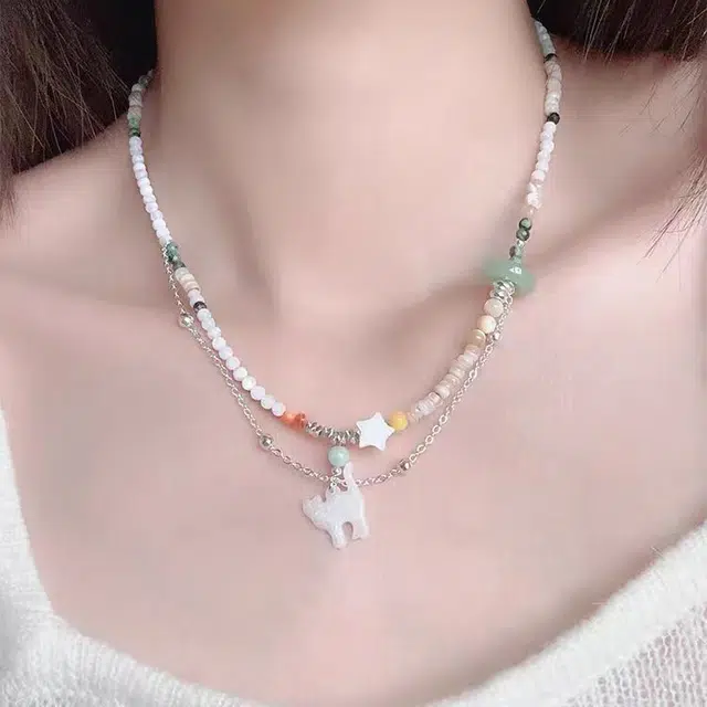 饰之颜 法式多巴胺爆棚!双层彩色串珠猫咪夏季甜美小清新锁骨链百搭颈链 锌合金 项链 女款
