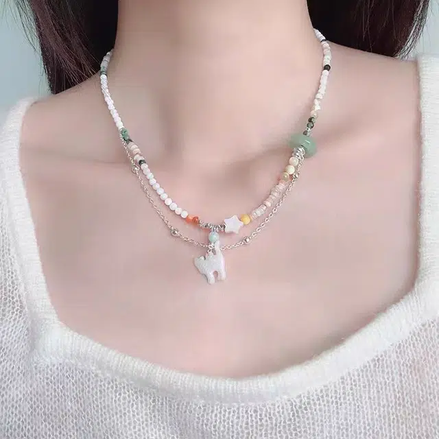 饰之颜 法式多巴胺爆棚!双层彩色串珠猫咪夏季甜美小清新锁骨链百搭颈链 锌合金 项链 女款