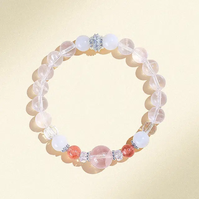 【浅粉天晶丨】 饰之颜 新中式 文艺小清新 串珠清新甜美白 提升能量 桃花朵朵天然 白水晶 手串 男女同款情侣款