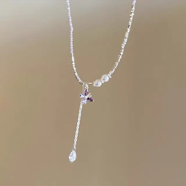 饰之颜 森系 与春同频！紫色蝴蝶碎银流苏 轻奢小众高级感锁骨链春天配饰 时尚百搭 可调节#好运 合金 项链 女款