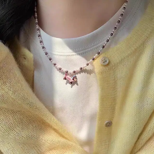 饰之颜 简约时尚粉色腊肠小狗珍珠 爱心少女感百搭 轻奢高级感小众甜美气质独特个性颈链 合金 项链 女款