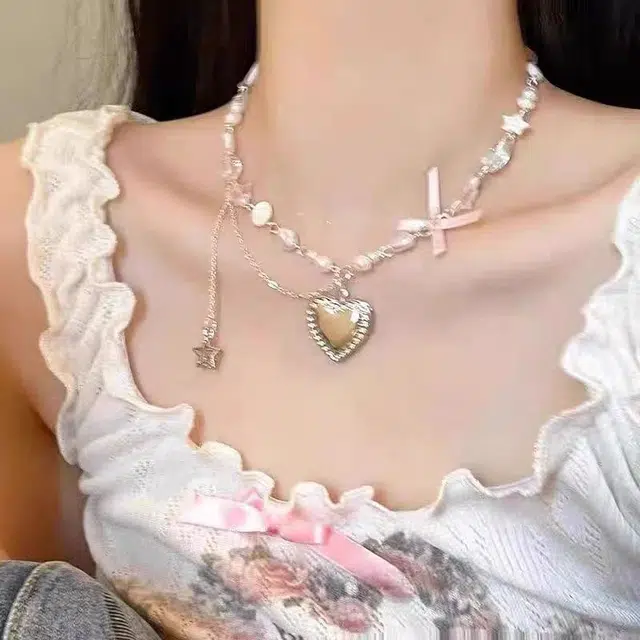 饰之颜 韩式甜美爱心蝴蝶结韩系小清新气质锁骨链少女心时尚#好运 钛钢 项链 女款