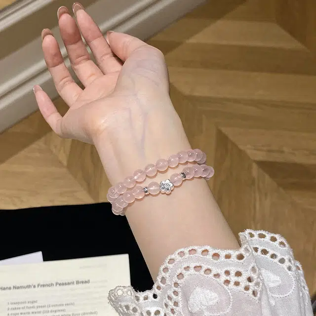 【花粉晶】 饰之颜 新中式轻奢桃花双层手链 文艺可爱甜美 小清新 时尚通勤 招桃花 日常百搭 好运 少女心天然 粉水晶 手串 女款