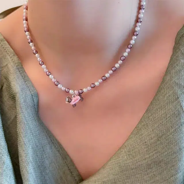 饰之颜 简约时尚粉色腊肠小狗珍珠 爱心少女感百搭 轻奢高级感小众甜美气质独特个性颈链 合金 项链 女款