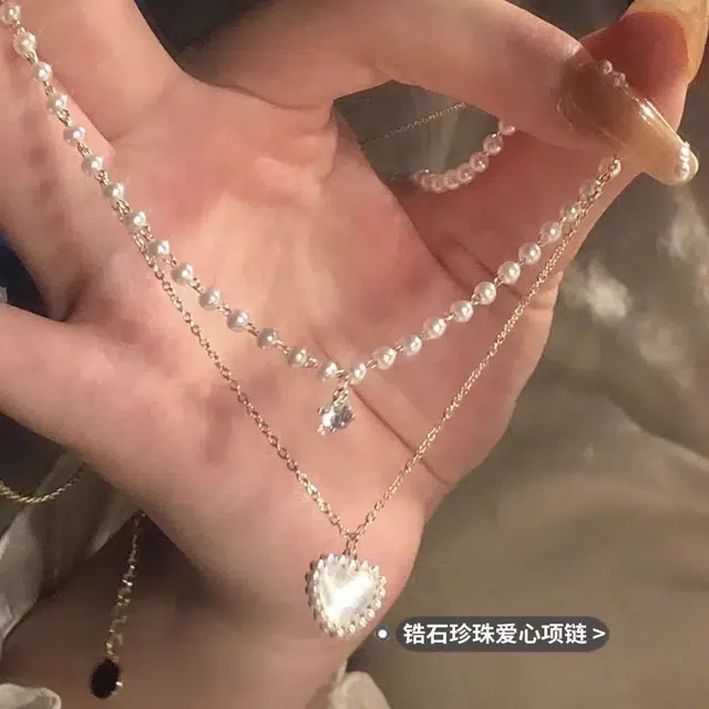 饰之颜 双层叠戴爱心珍珠日韩甜美 轻奢小众高级感颈链气质百搭锁骨链 通勤时尚 钛钢 项链 女款