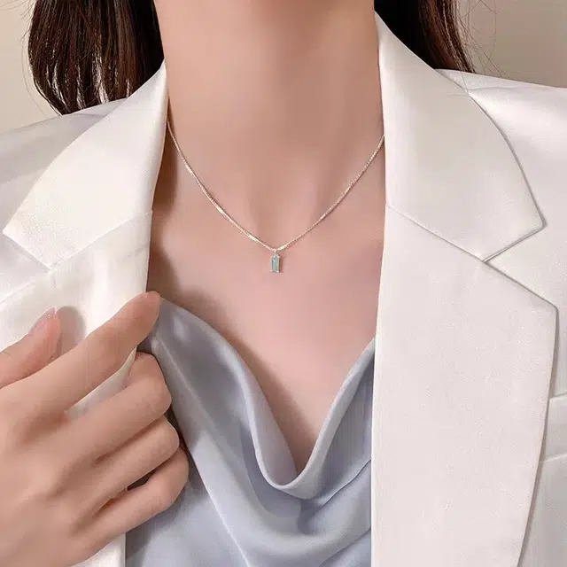 饰之颜 简约韩系气质海蓝小方钻 叠戴搭配 几何方形 轻奢小众设计 高级感 铜 项链 女款