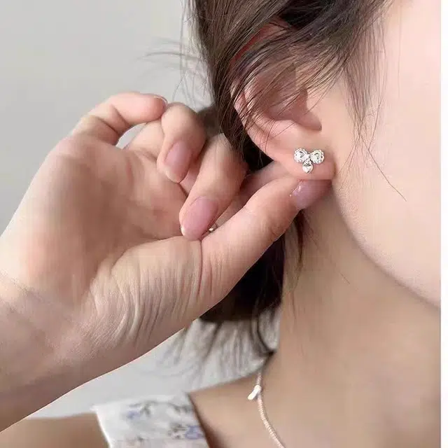 饰之颜 时尚甜美精致温柔蕾丝边蝴蝶结#好运 合金 耳钉 女款