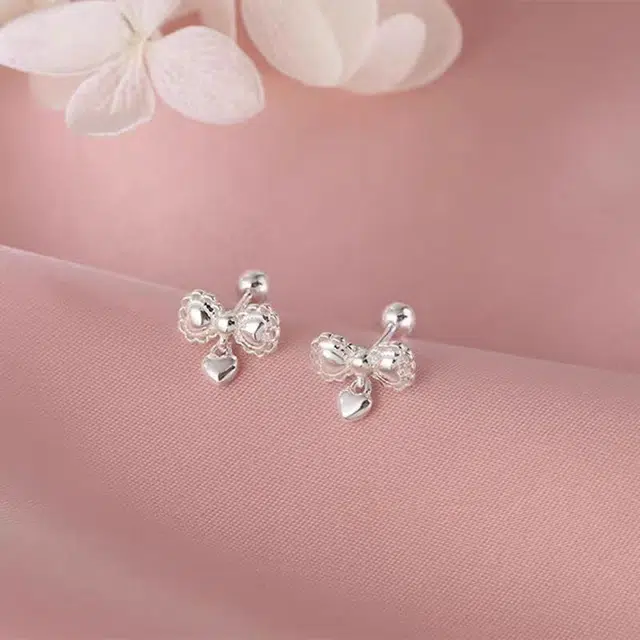 饰之颜 时尚甜美精致温柔蕾丝边蝴蝶结#好运 合金 耳钉 女款