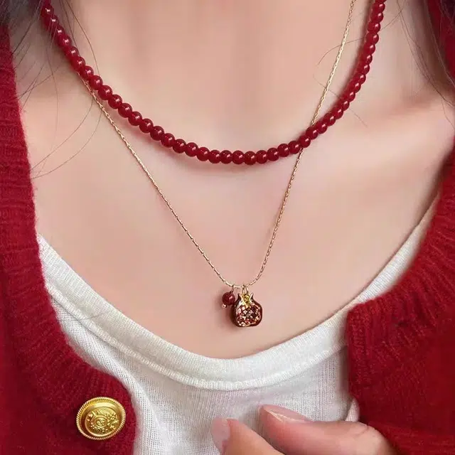 饰之颜 甜美安可拉红石榴精致高级感复古小众百搭个性锁骨链叠戴 合金 项链 女款