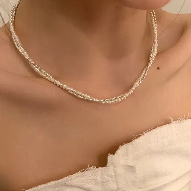饰之颜 轻奢风双层碎银子珍珠缠绕小众复古个性简约百搭气质颈链锁骨链 合金 项链 女款