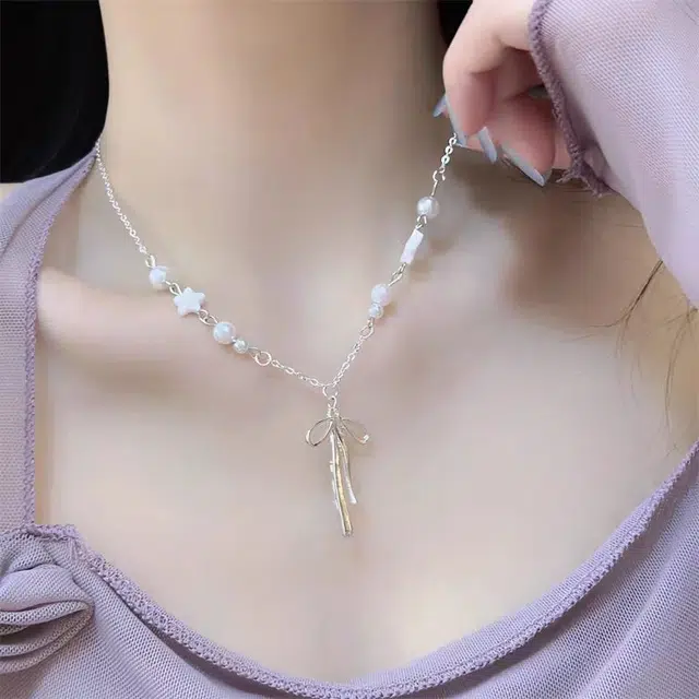 饰之颜 森系星星蝴蝶结 轻奢小众设计 小清新简约甜美高级感 可调节锁骨链 生活约会通勤#派对#好运 钛钢 项链 女款