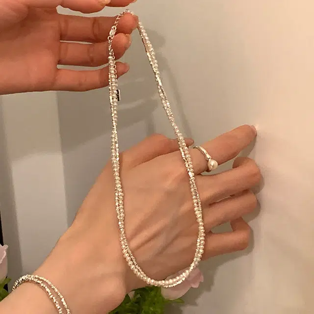 饰之颜 轻奢风双层碎银子珍珠缠绕小众复古个性简约百搭气质颈链锁骨链 合金 项链 女款