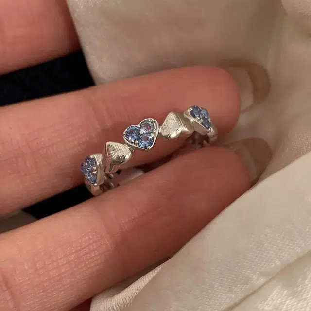 饰之颜 甜美可爱韩版小众设计 蓝色爱心拉丝 小清新轻奢 开口可调节 铜 戒指 女款