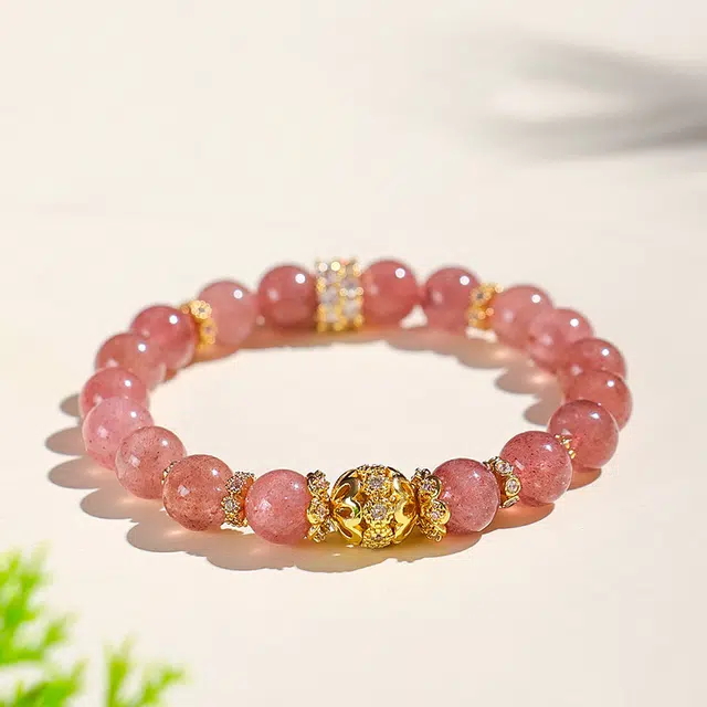 金莓 饰之颜 新中式 文艺 串珠 时尚 设计高级感 甜美可爱 桃花朵朵 好运天然 草莓晶 金发晶 手串 女款