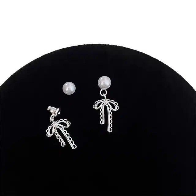 饰之颜 韩系蕾丝花边蝴蝶结珍珠 轻奢高级感甜美耳钉后挂式小众精致#好运 合金 耳环 女款