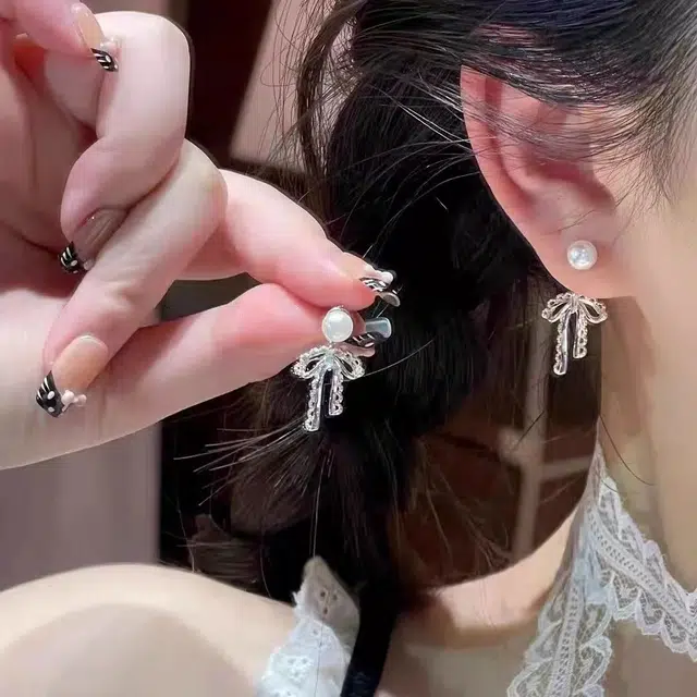 饰之颜 韩系蕾丝花边蝴蝶结珍珠 轻奢高级感甜美耳钉后挂式小众精致#好运 合金 耳环 女款