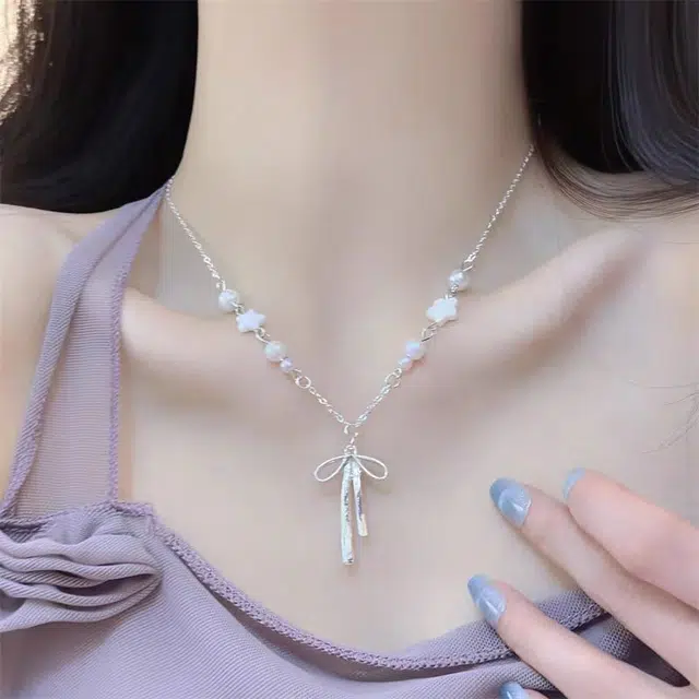 饰之颜 森系星星蝴蝶结 轻奢小众设计 小清新简约甜美高级感 可调节锁骨链 生活约会通勤#派对#好运 钛钢 项链 女款