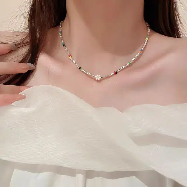 饰之颜 甜酷甜美彩色花朵米珠时尚简约百搭气质项饰 合金 项链 女款