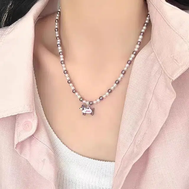 饰之颜 简约时尚粉色腊肠小狗珍珠 爱心少女感百搭 轻奢高级感小众甜美气质独特个性颈链 合金 项链 女款