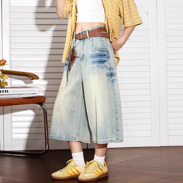 美式高街复古水洗做旧铆钉拼接阔腿七分裤 宽松垂感百搭日常款牛仔短裤 男女同款