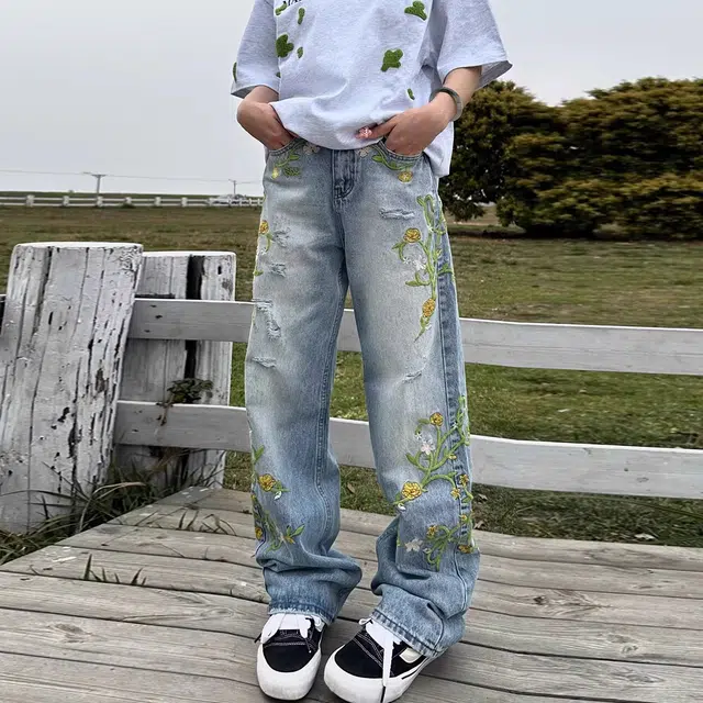 美式复古花卉刺绣水洗做旧潮流长裤 立体剪裁垂感十足牛仔裤 男女同款