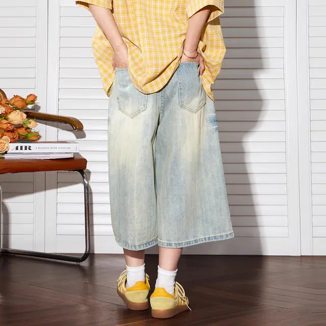 美式高街复古水洗做旧铆钉拼接阔腿七分裤 宽松垂感百搭日常款牛仔短裤 男女同款