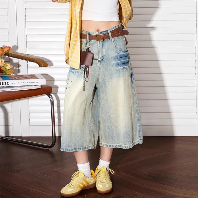 美式高街复古水洗做旧铆钉拼接阔腿七分裤 宽松垂感百搭日常款牛仔短裤 男女同款