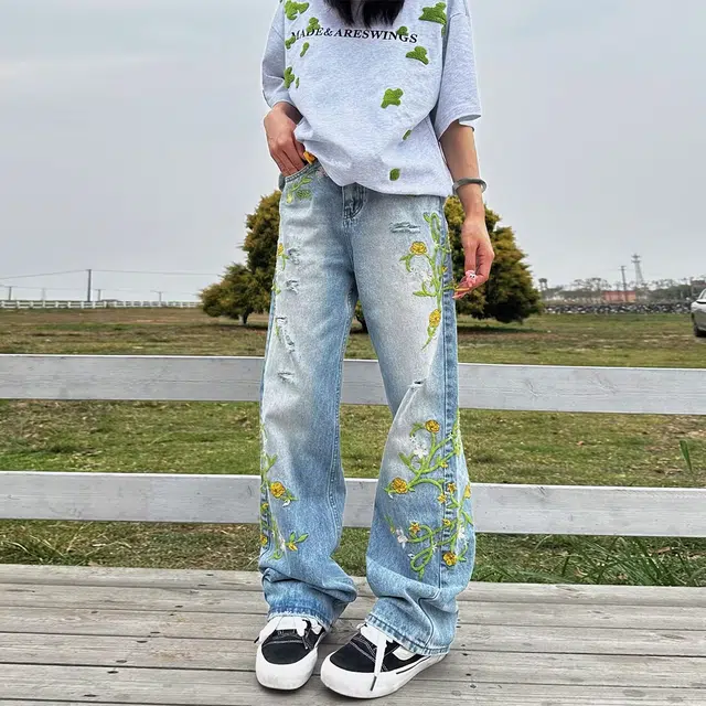 美式复古花卉刺绣水洗做旧潮流长裤 立体剪裁垂感十足牛仔裤 男女同款
