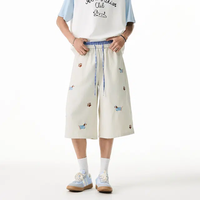 寻星记 美式腊肠小狗刺绣格子拼接运动沙滩卡通图案凉感透气户外通勤百搭宽松痞帅运动七分休闲短裤 男女同款