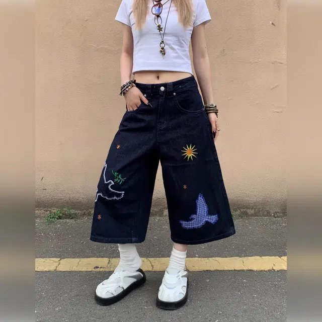 寻星记 美式复古和平鸽刺绣拼接阔腿七分裤潮流百搭春夏款牛仔短裤 男女同款