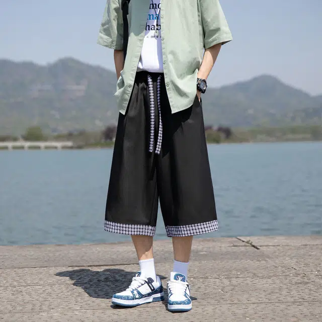 棉基因 日系户外夏季复古拼接格子设计简约基础款宽松直筒百搭工装透气凉感抽绳松紧七分休闲短裤 男女同款
