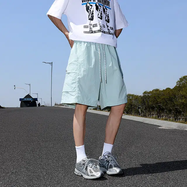 棉基因 纯色速干美式高街简约基础款户外百搭中腰宽松运动透气舒适凉感系带五分休闲短裤 男女同款