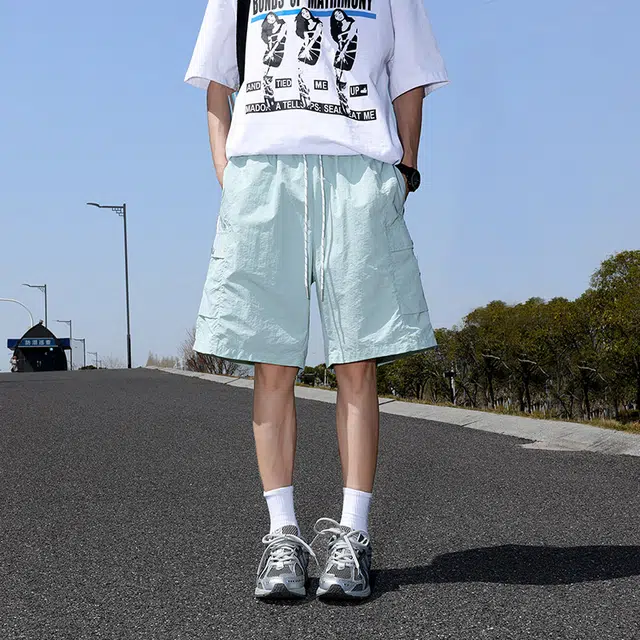 棉基因 纯色速干美式高街简约基础款户外百搭中腰宽松运动透气舒适凉感系带五分休闲短裤 男女同款