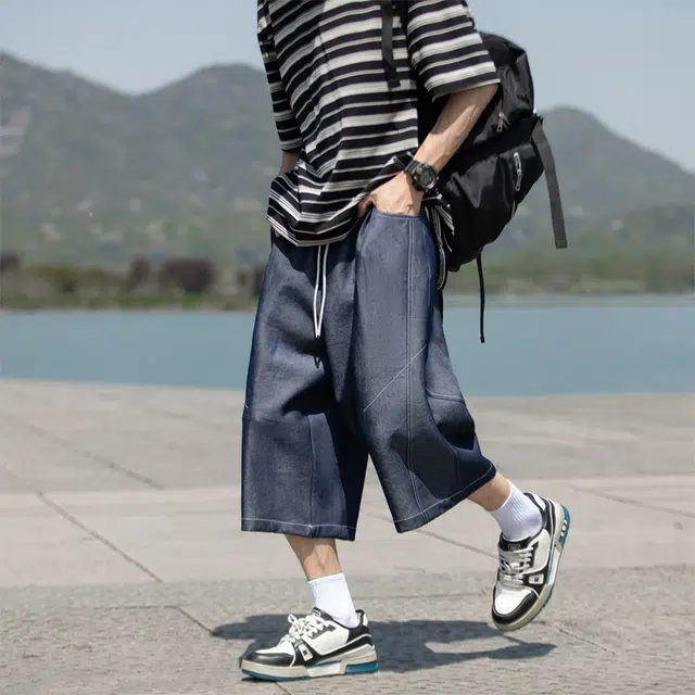 棉基因 美式潮牌高街宽松松紧腰七分裤柔软舒适牛仔短裤 男女同款